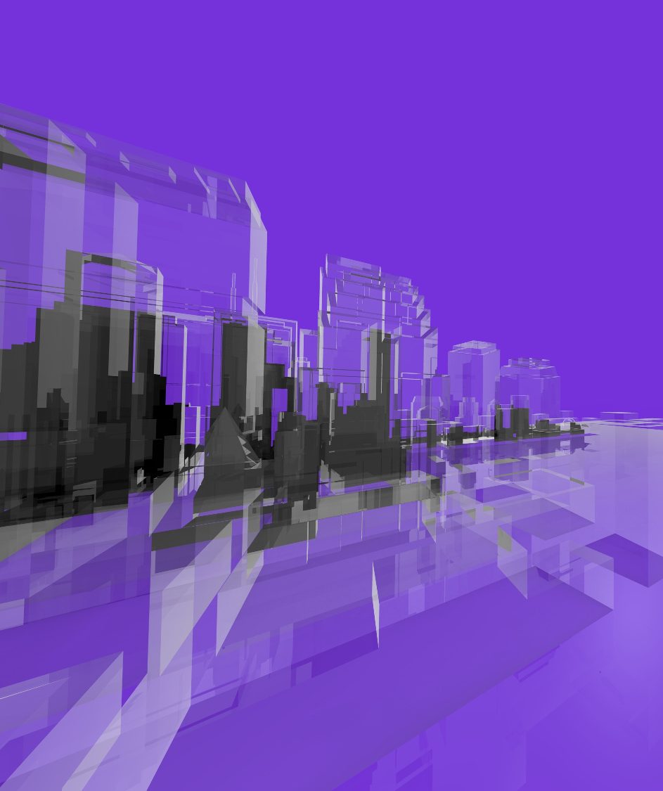 a city skyline with purple background