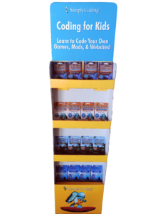 a shelf with blue and yellow boxes