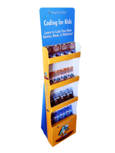 a display rack with a blue and yellow display